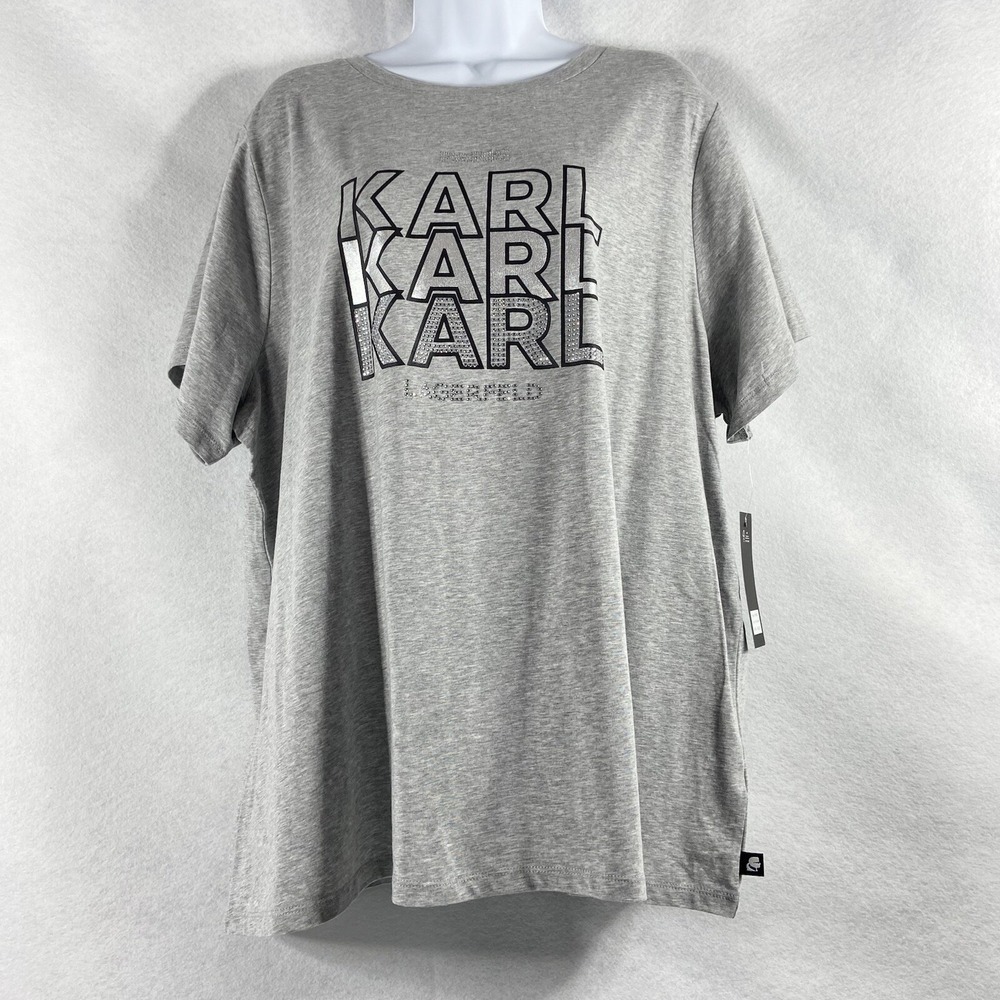 Karl Lagerfeld Top Women's 2X Gray T-Shirt Short Sleeve Rhinestone Studded New
